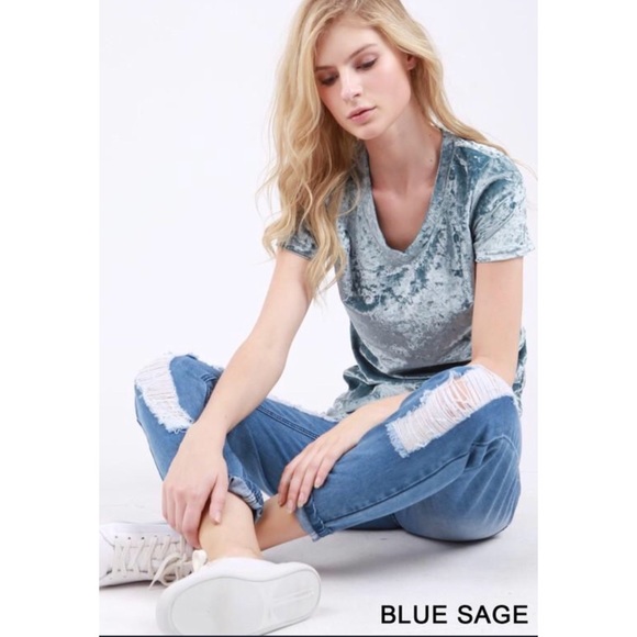 ❗️CLOSING SALE❗️Blue Sage Crushed Velvet Basic Top - Picture 2 of 4
